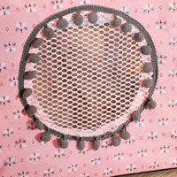 Thumbnail for The Serene Petal Semi-Enclosed Indoor Cat Tent by KittyNook Cat Co. features pink floral mesh and gray pom-pom trim.