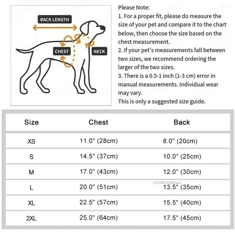 Diagram showing how to measure your pet for the KittyNook Cat Co. Ultra-Soft Padded Winter Cat Jacket, plus size chart.