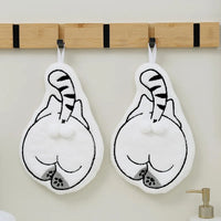 Thumbnail for Two white Cartoon Cat Hanging Hand Towels shaped like cartoon cats, hanging from a wooden wall rack.