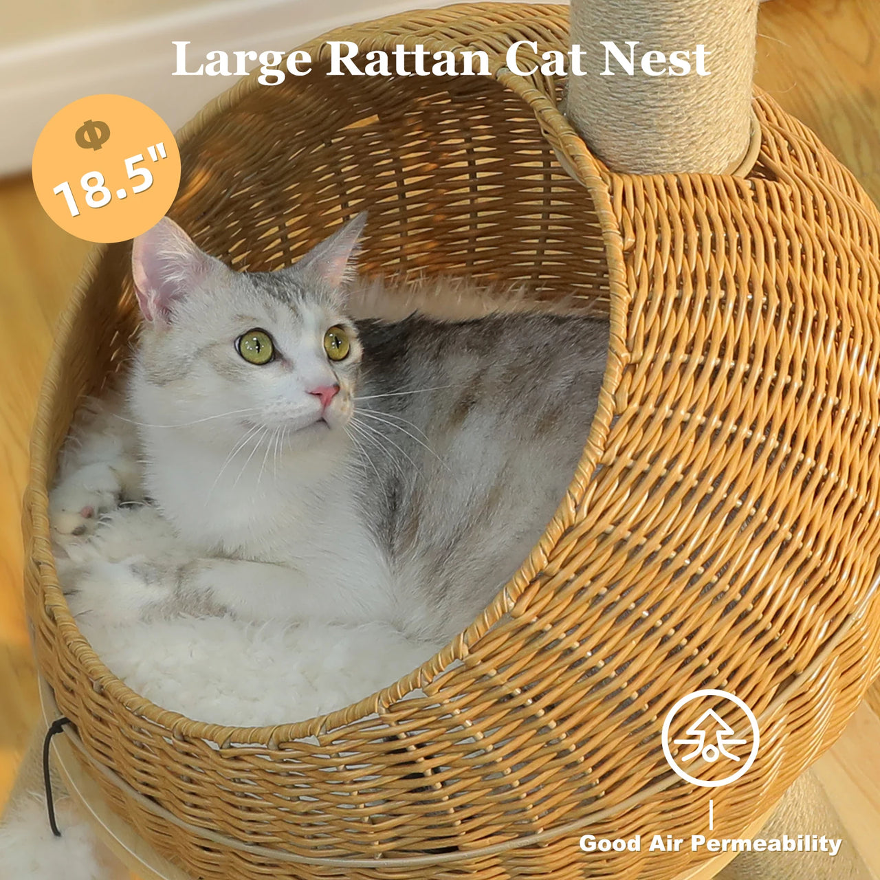 Cat lounges in a Dinosaur Cat Tree Tower with Rattan Condo by KittyNook Cat Co.; cozy bed details shown.