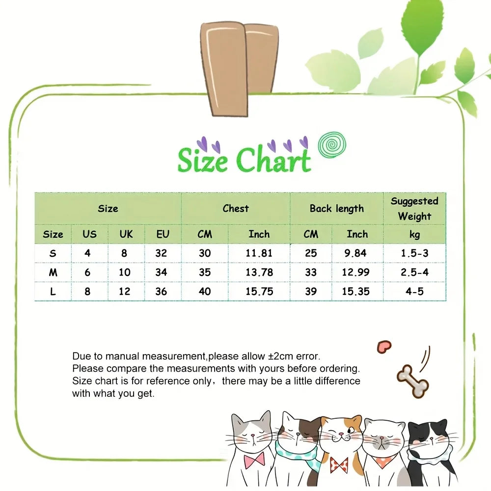 KittyNook Cat Co. Cat Neutering Recovery Suit size chart with chest, back length, weight ranges; cat illustrations below.