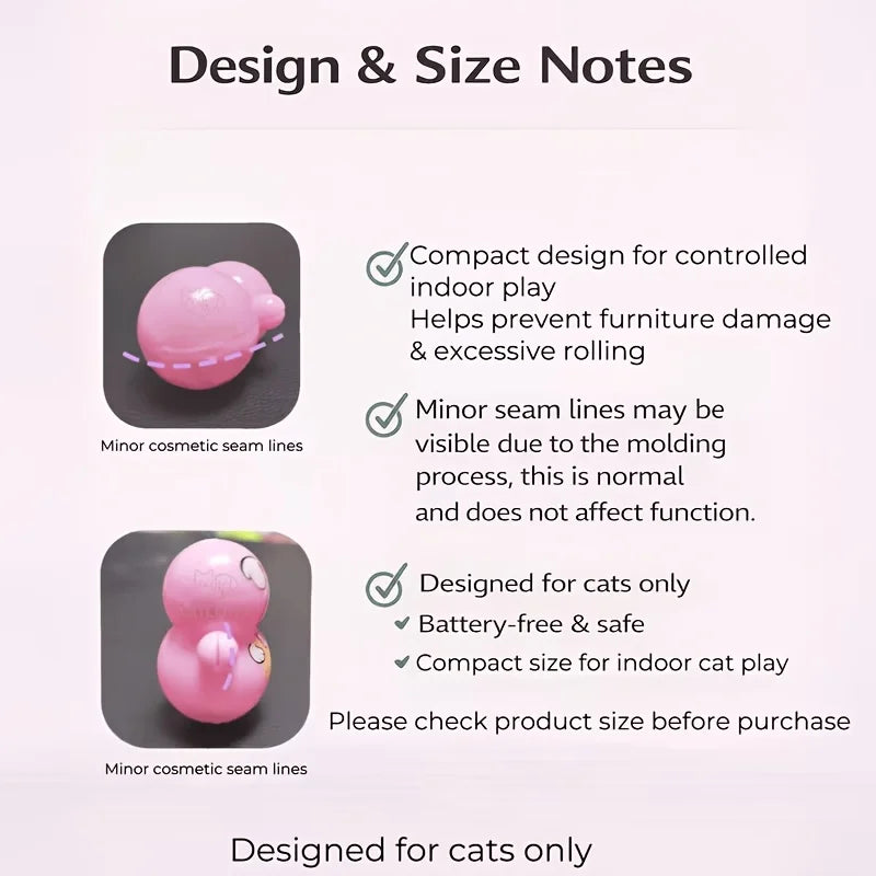 Infographic of KittyNook Cat Co. Cat Rolling Toy Set showing two self-rolling toys with seams, features, and safety usage.