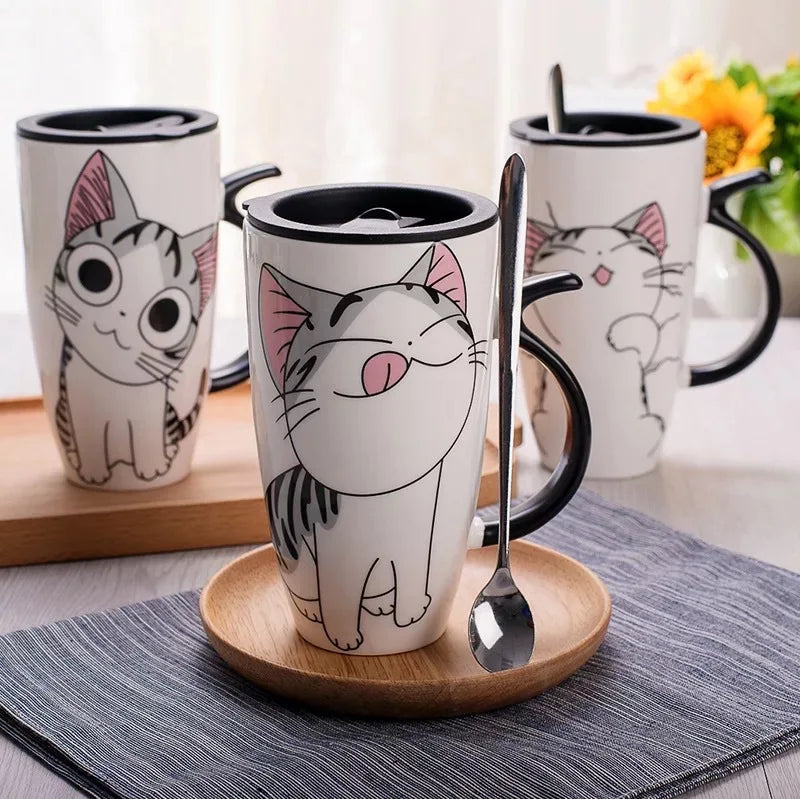 Set of 3 KittyNook Cat Co. Large 600ml Funny Kitty Gift Mugs with spoons on a tray—ideal for any cat lover!.