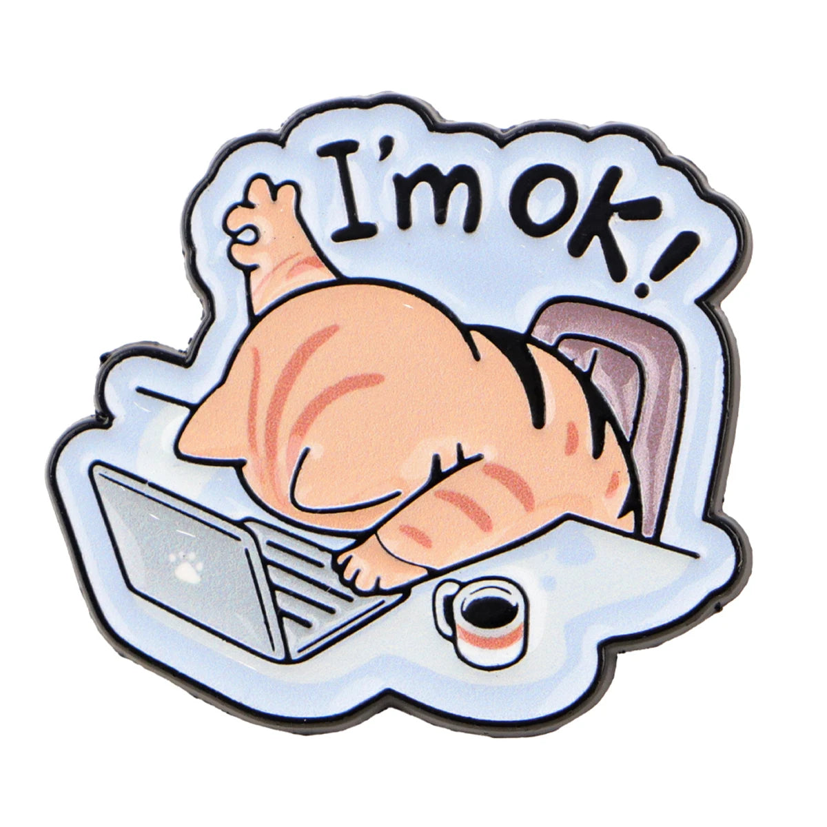 KittyNook Cat Co.'s Cat at Work Enamel Brooch Pin: orange cat at laptop with "I'm OK!" and office vibes.