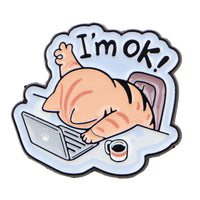Thumbnail for KittyNook Cat Co.'s Cat at Work Enamel Brooch Pin: orange cat at laptop with 