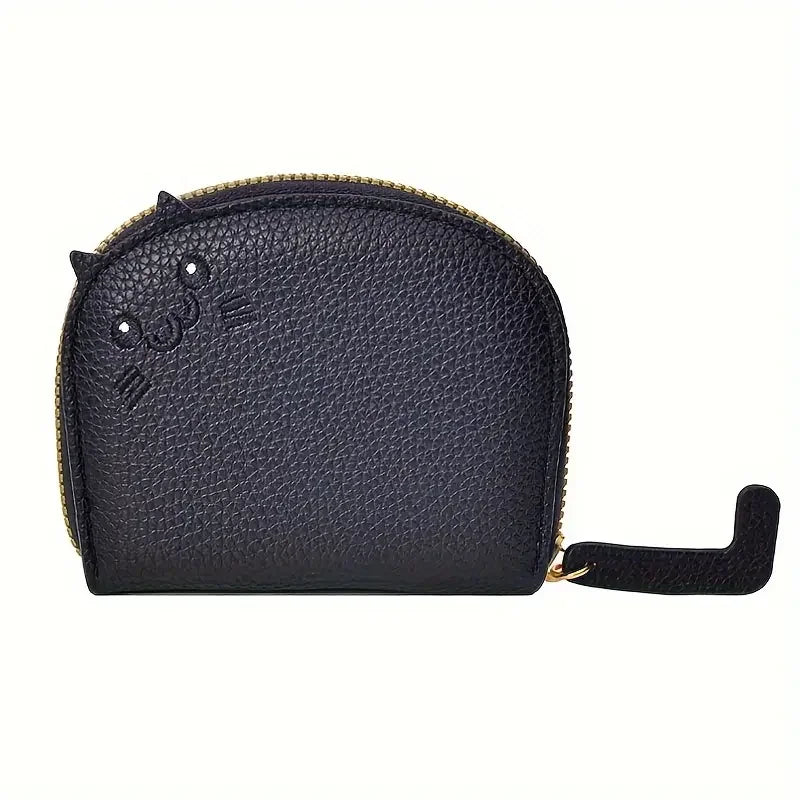 KittyNook Cat Co. Cute Multi-Card Cat Purse: Black PU leather wallet with cartoon cat face, gold zipper, and tail pull.