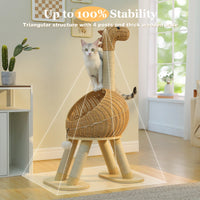Thumbnail for A cat sits on KittyNook Cat Co.’s Dinosaur Cat Tree Tower with rattan condo and four posts, stable in a bright room.