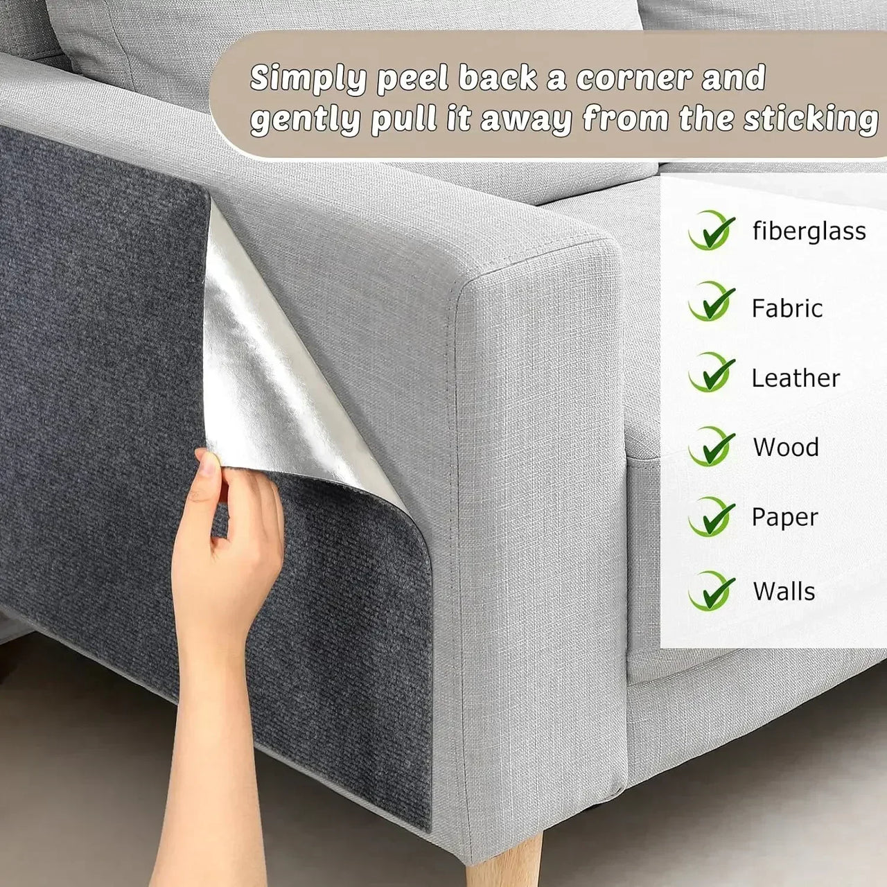 A hand peels a KittyNook Cat Co. Self-Adhesive Cat Scratching Board off a sofa; text lists fabric, leather, wood.