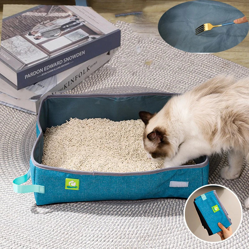 A cat uses the KittyNook Cat Co. Portable Cat Litter Box on a rug, with books and close-ups of the mat and pocket visible.