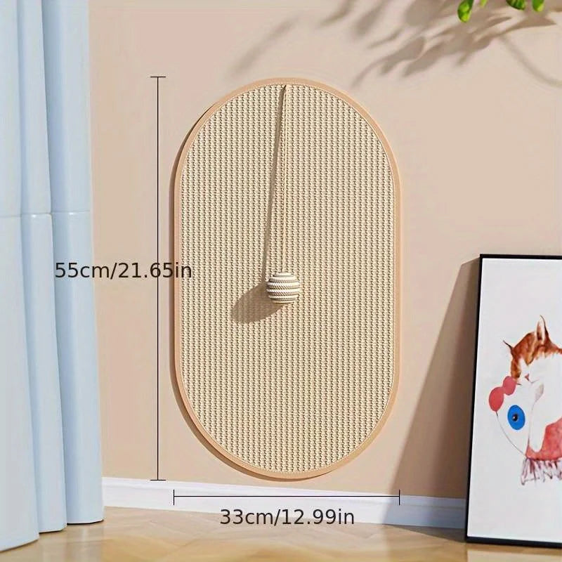 KittyNook Cat Co. Durable Sisal Cat Scratch Pads: beige oval, wall-mounted, 55x33cm, with hanging ball.