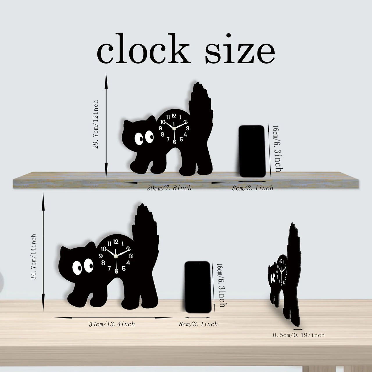 Two KittyNook Cat Co. Crystal Porcelain Black Cat Wall Clocks on shelves, with size shown in inches and centimeters.