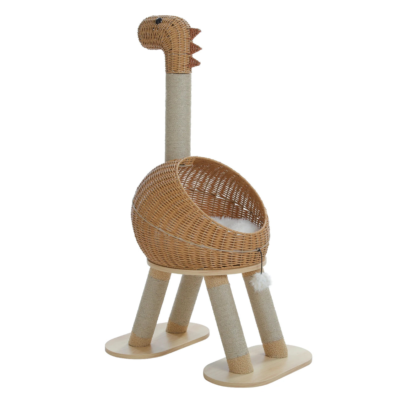 KittyNook Cat Co. Dinosaur Cat Tree Tower: rattan condo, tall neck, four legs, hanging toy for playful cats.