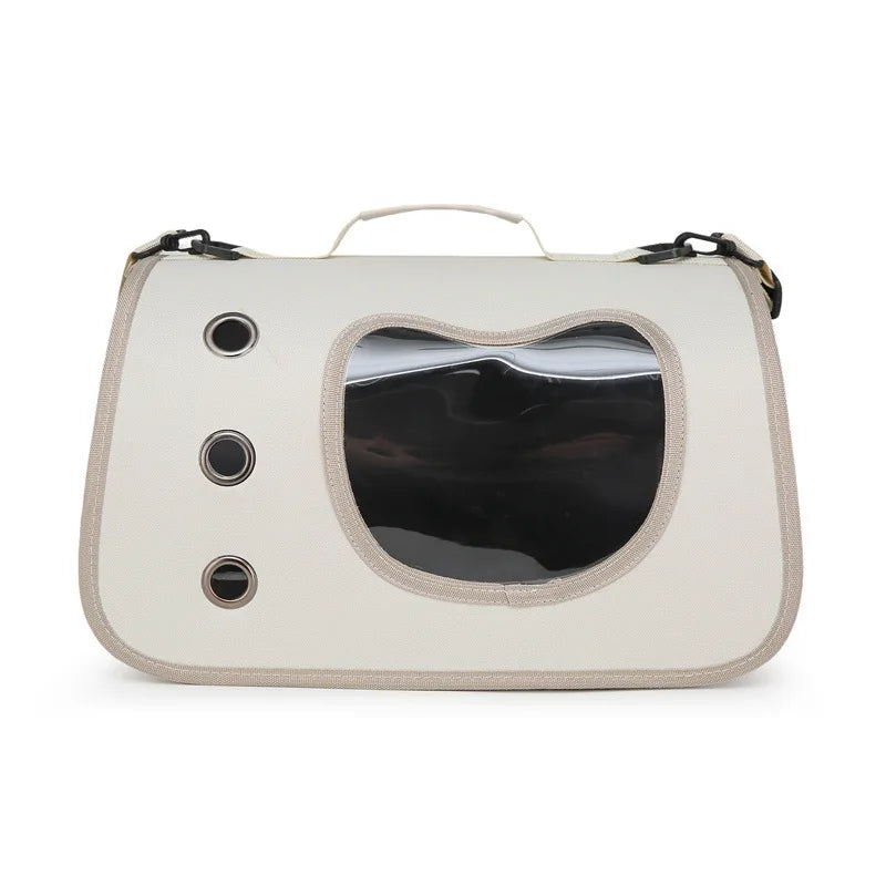 KittyNook Cat Co. Premium Foldable Small Cat Carrying Bag: beige, lightweight, three vents, clear window, and handle.