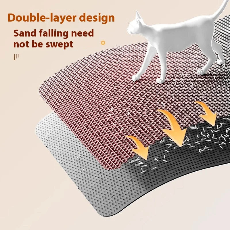 A cat walks on the KittyNook Cat Co. Non-Slip Dual Layer Litter Trapper, with sand falling through to the bottom layer.