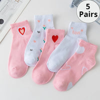 Thumbnail for Five pairs of KittyNook Cat Co. Sweet Kitty Pink Short Tube Socks with heart designs displayed on a white surface.