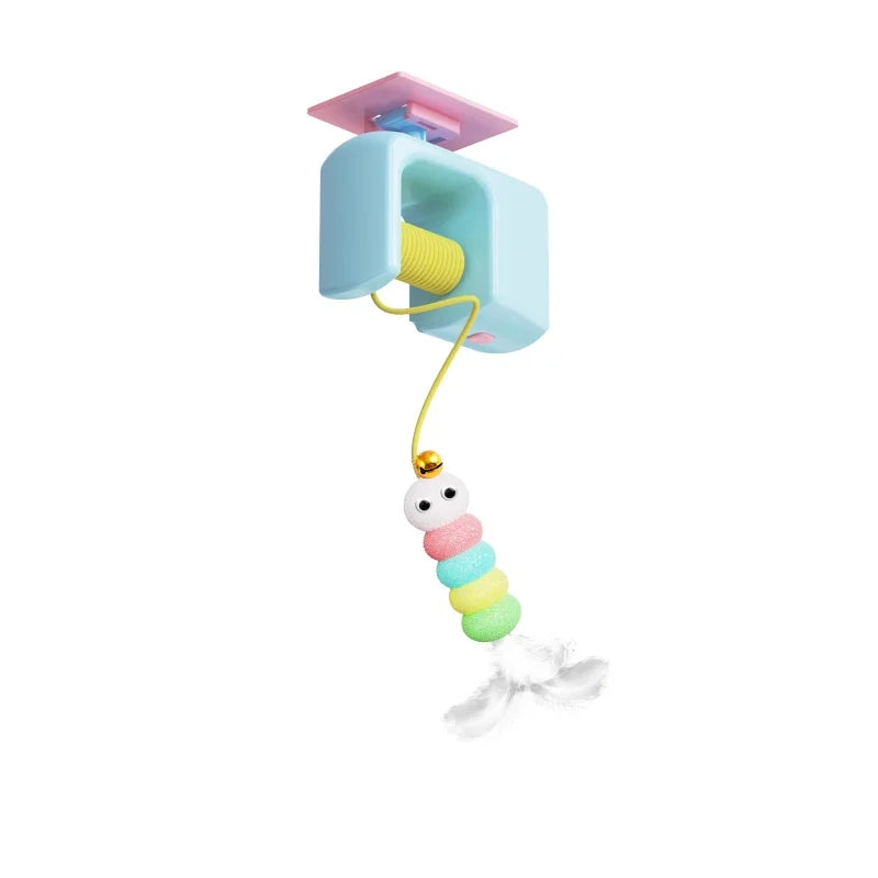 KittyNook Cat Co.’s Elevate Playtime Interactive Hanging Toy features a pastel bead caterpillar & feather tail to engage cats.