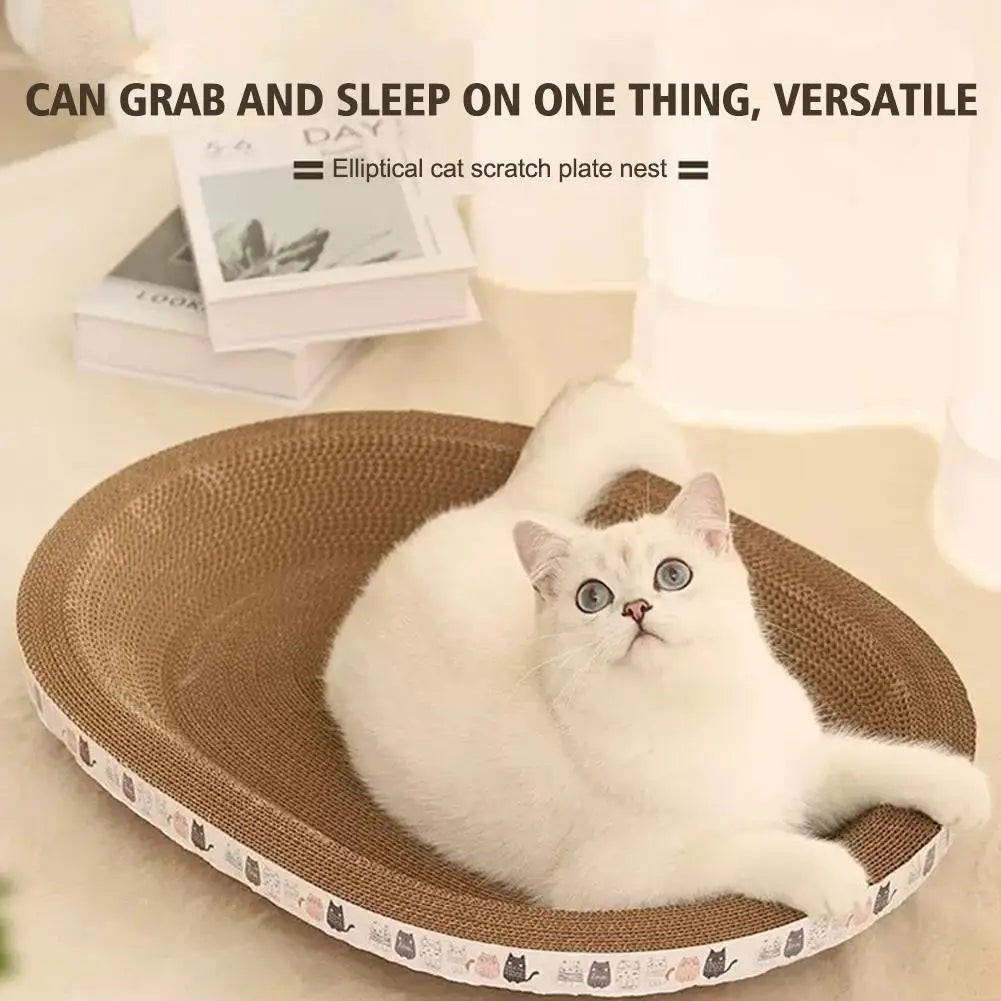 A white cat lounges in the KittyNook Cat Co. Cat Scratcher Cardboard, protecting furniture with style.