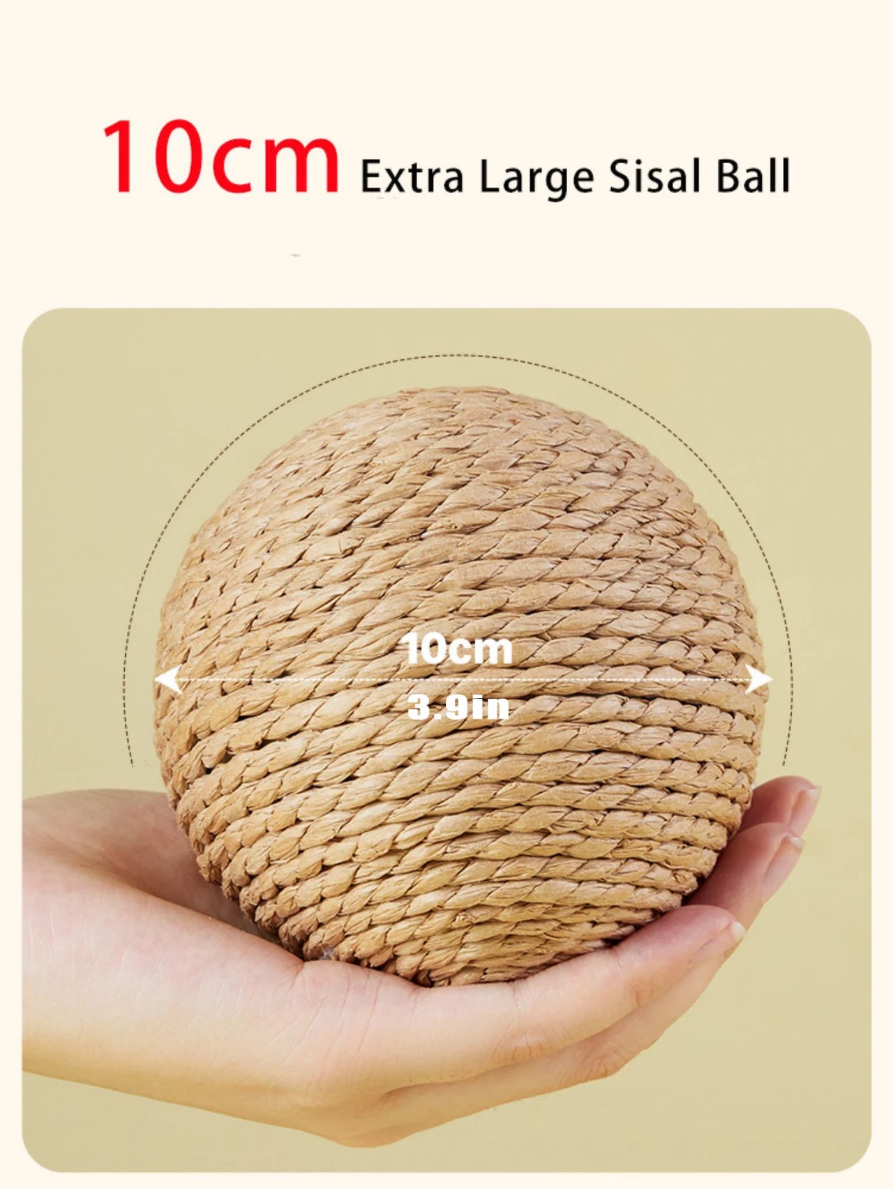 A hand holds the 10cm Premium Sisal Kitten Scratching Ball by KittyNook Cat Co. against a beige background.