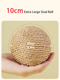 Thumbnail for A hand holds the 10cm Premium Sisal Kitten Scratching Ball by KittyNook Cat Co. against a beige background.