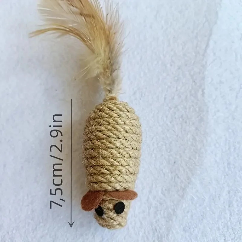 KittyNook Cat Co. Sisal Fake Mouse Cat Toy (7.5cm) with feather tail is shown on a surface for scale.