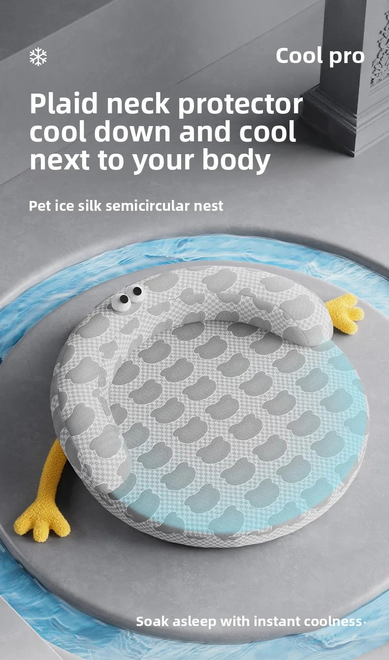 KittyNook Cat Co. Ice Silk Cat Nest: round, plaid, with cartoon eyes/yellow legs, on a blue rug indoors.