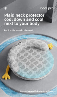 Thumbnail for KittyNook Cat Co. Ice Silk Cat Nest: round, plaid, with cartoon eyes/yellow legs, on a blue rug indoors.