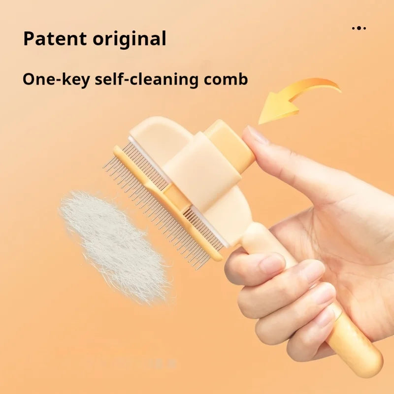 Pressing the KittyNook Cat Co. Long Hair Cat Grooming Comb releases fur—ideal for easy cleaning and cat grooming.