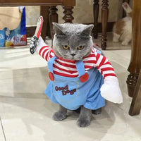 Thumbnail for A gray cat wears a KittyNook Cat Co. Halloween Cosplay Costumes Kitten Jumpsuit with fake arms and toy knife.