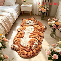 Thumbnail for Cute Cat Shaped Rug – Soft Plush Cartoon Floor Mat in the shape of an orange tabby, lying on a wooden bedroom floor.