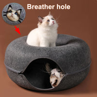 Thumbnail for Two cats lounge on the KittyNook Cat Co. Orbital Lounge & Play Tunnel Bed—a modern bed with a zippered opening.