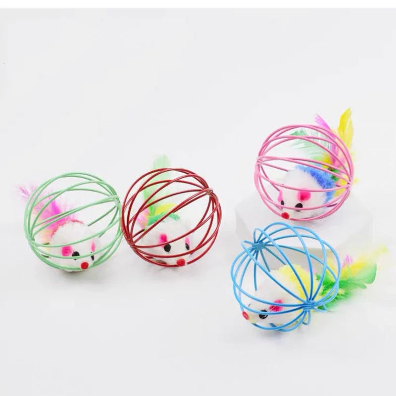 The Interactive Sand-Chase Mouse Cat Toy by KittyNook Cat Co. offers four feathered wire ball toys to engage your cat's instincts.