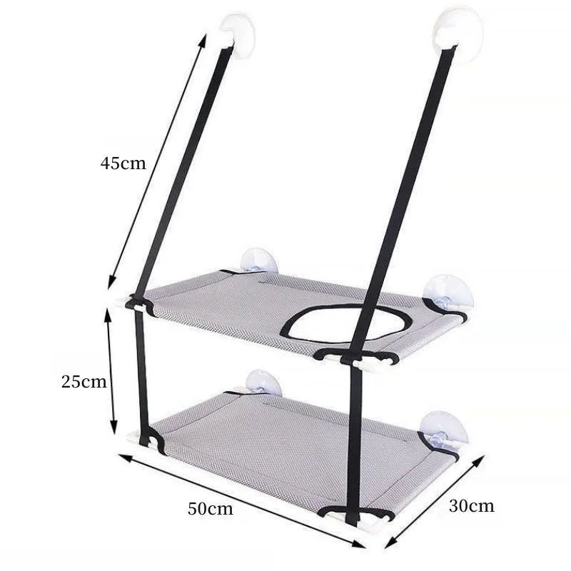KittyNook Cat Co. Space-Saving Double Hanging Pet Bed: 2-level mesh shelves, 50x30cm, 45cm high, window mounted.