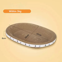 Thumbnail for KittyNook Oval Corrugated Cat Scratching Board, 8cm tall, 32x47cm, for pets under 5kg, on yellow background.