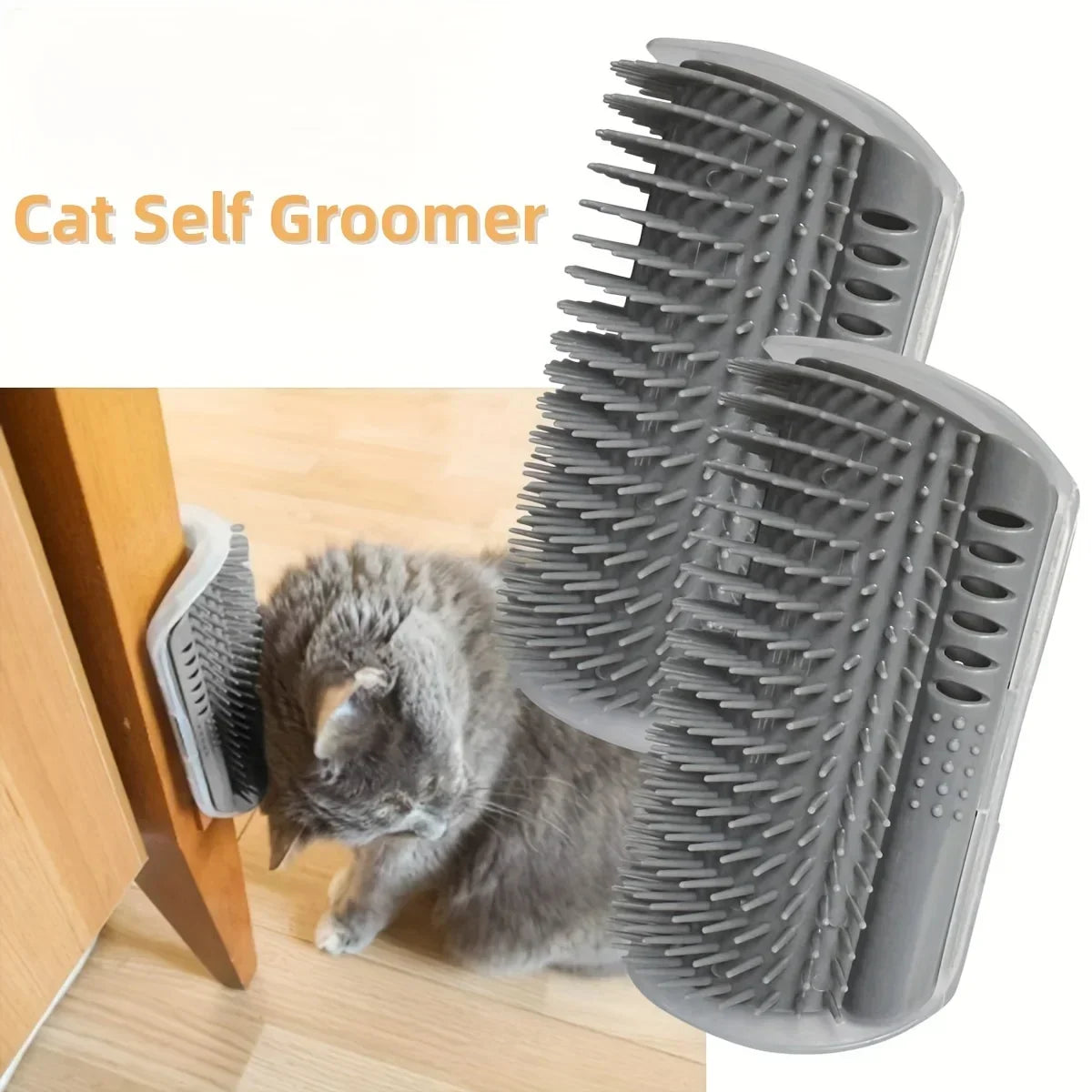 A gray cat uses two KittyNook Cat Co. Ultimate Corner Arch Self-Groomers, shown prominently in the image.