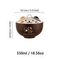 Thumbnail for KittyNook Cat Co. Cute Cartoon Cat Soup Bowl with lid, 550ml ceramic, shown with measurements in cm/inches.