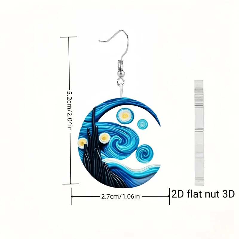 KittyNook Cat Co. Van Gogh Starry Night Black Cat acrylic earrings: 2D flat with a 3D look.