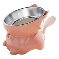 Thumbnail for Pink Elevated Cat Food Bowl with Cute Ear Stand, featuring a cat-shaped base and a removable stainless steel insert.