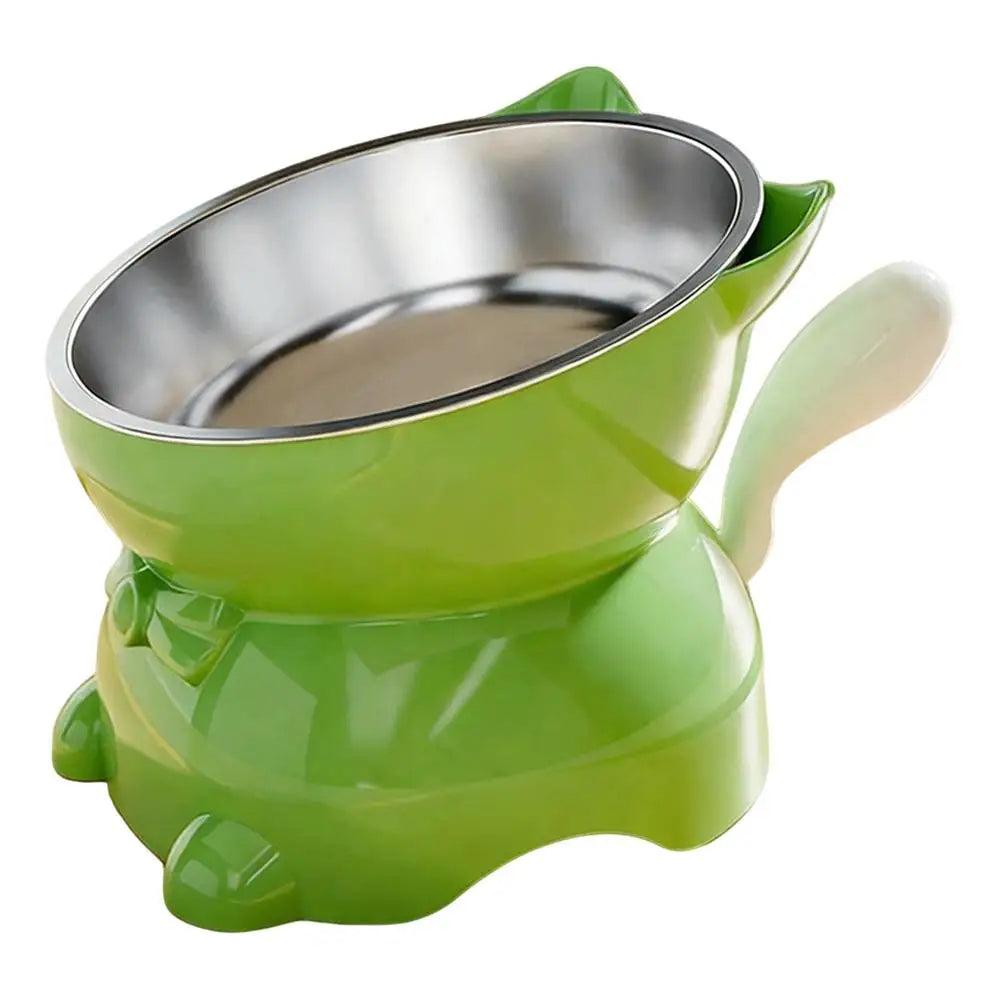 Green KittyNook Cat Co. Elevated Cat Food Bowl with Cute Ear Stand, featuring a removable stainless steel insert.