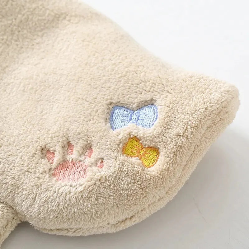 KittyNook Cat Co. Cute Cat Hanging Towel—beige fleece with bows and pink paw print, perfect for cat lovers.