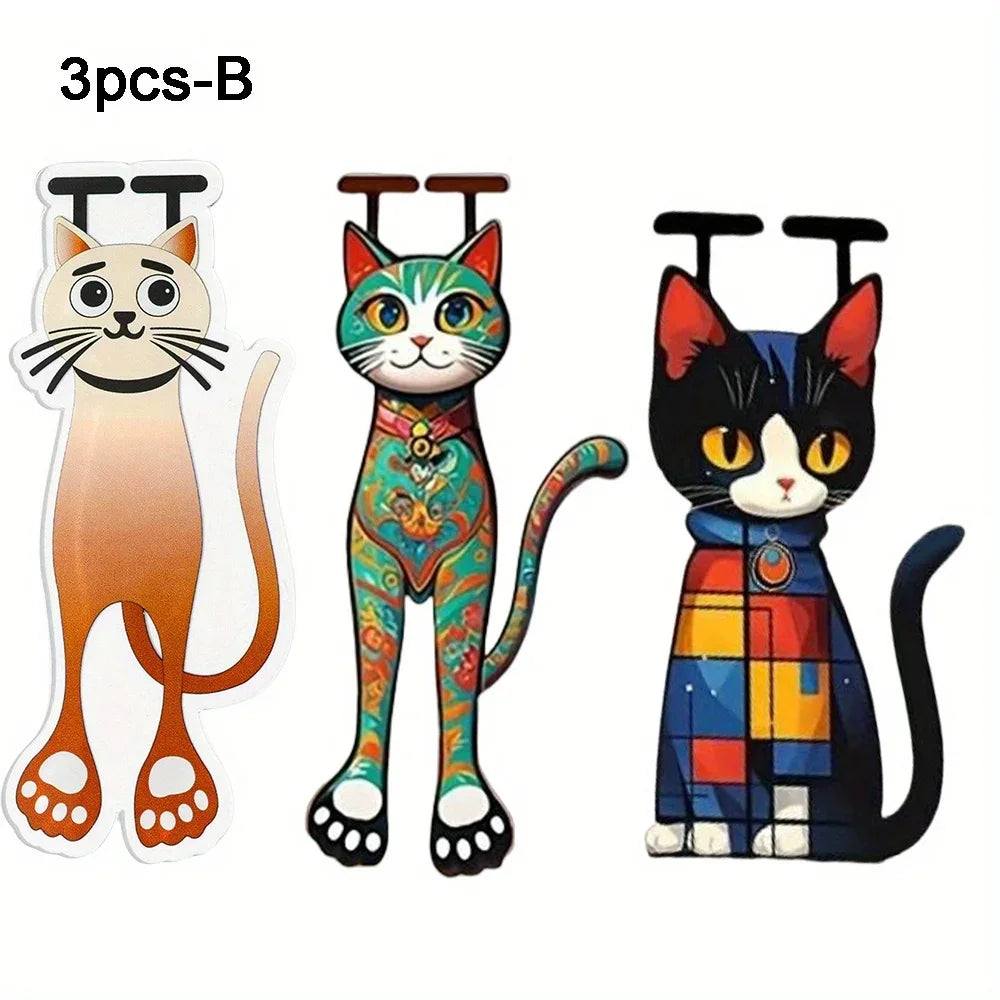The Sleek Flat Cat Acrylic Bookmark Set from KittyNook Cat Co. features three uniquely designed, colorful cat bookmarks.