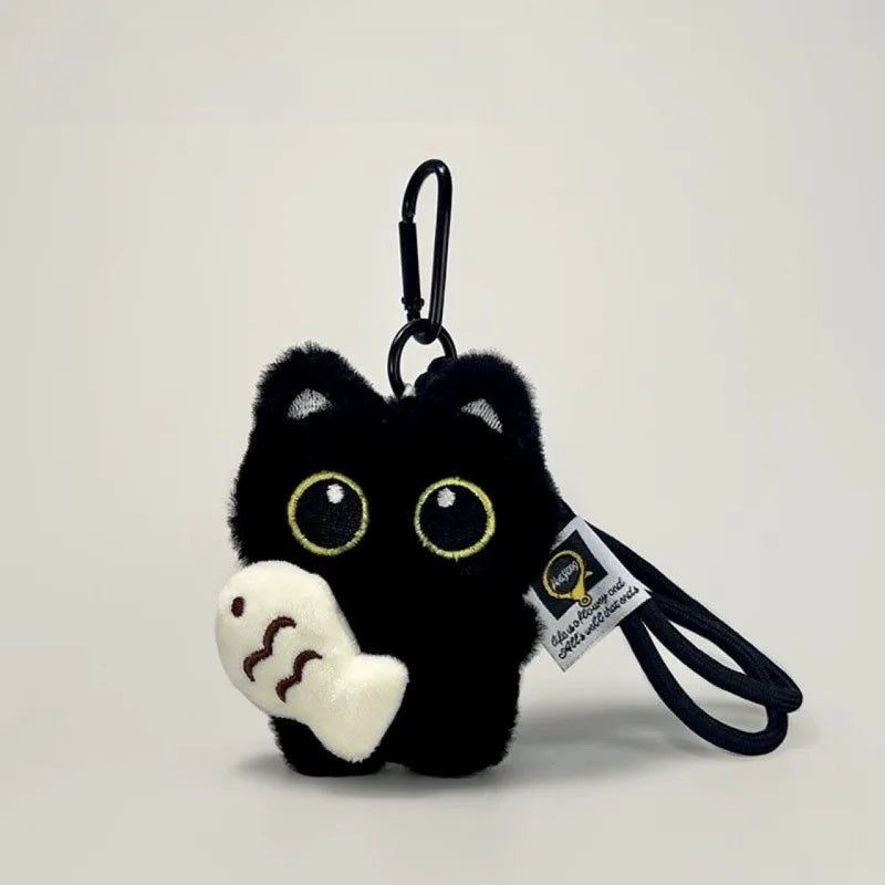 KittyNook Cat Co. Black Cat Plush Doll Keychain Pendant with yellow eyes and fish for bags & keys.