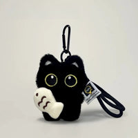 Thumbnail for KittyNook Cat Co. Black Cat Plush Doll Keychain Pendant with yellow eyes and fish for bags & keys.