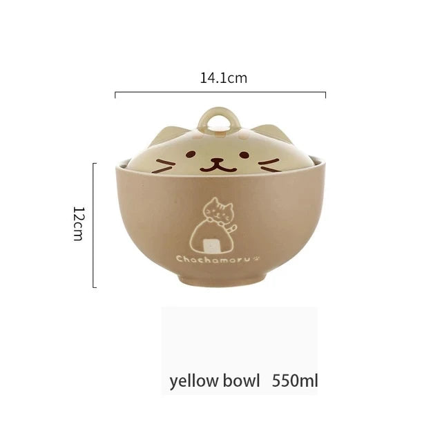 The Cute Cartoon Cat Soup Bowl by KittyNook Cat Co. holds 550ml, with lid, ears; 14.1cm wide, 12cm tall, ceramic.