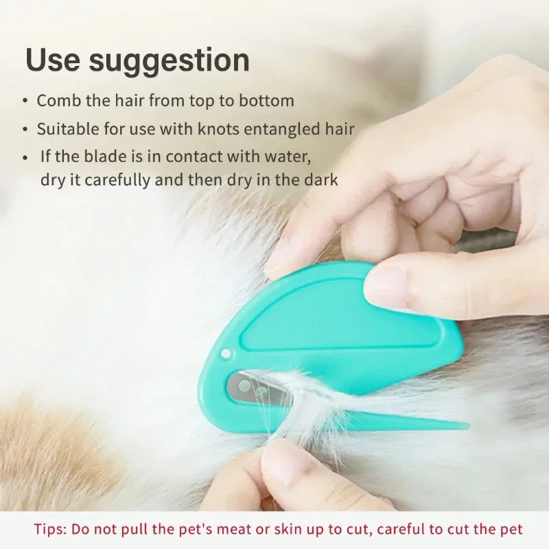Hand uses KittyNook Cat Co. 2-in-1 Pet Knot Remover Grooming Comb on white fur, with detangling tips and safety info.