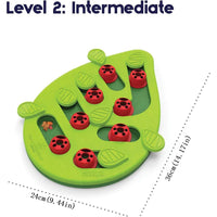 Thumbnail for KittyNook Cat Co. Interactive Cat Treat Puzzle: green leaf toy with red sliders, treat compartments, and Level 2 challenge.