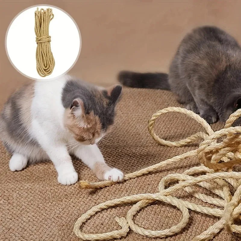 Two cats play with the Purrfect Haven Natural Sisal Rope Scratcher by KittyNook Cat Co.; rope close-up top left.