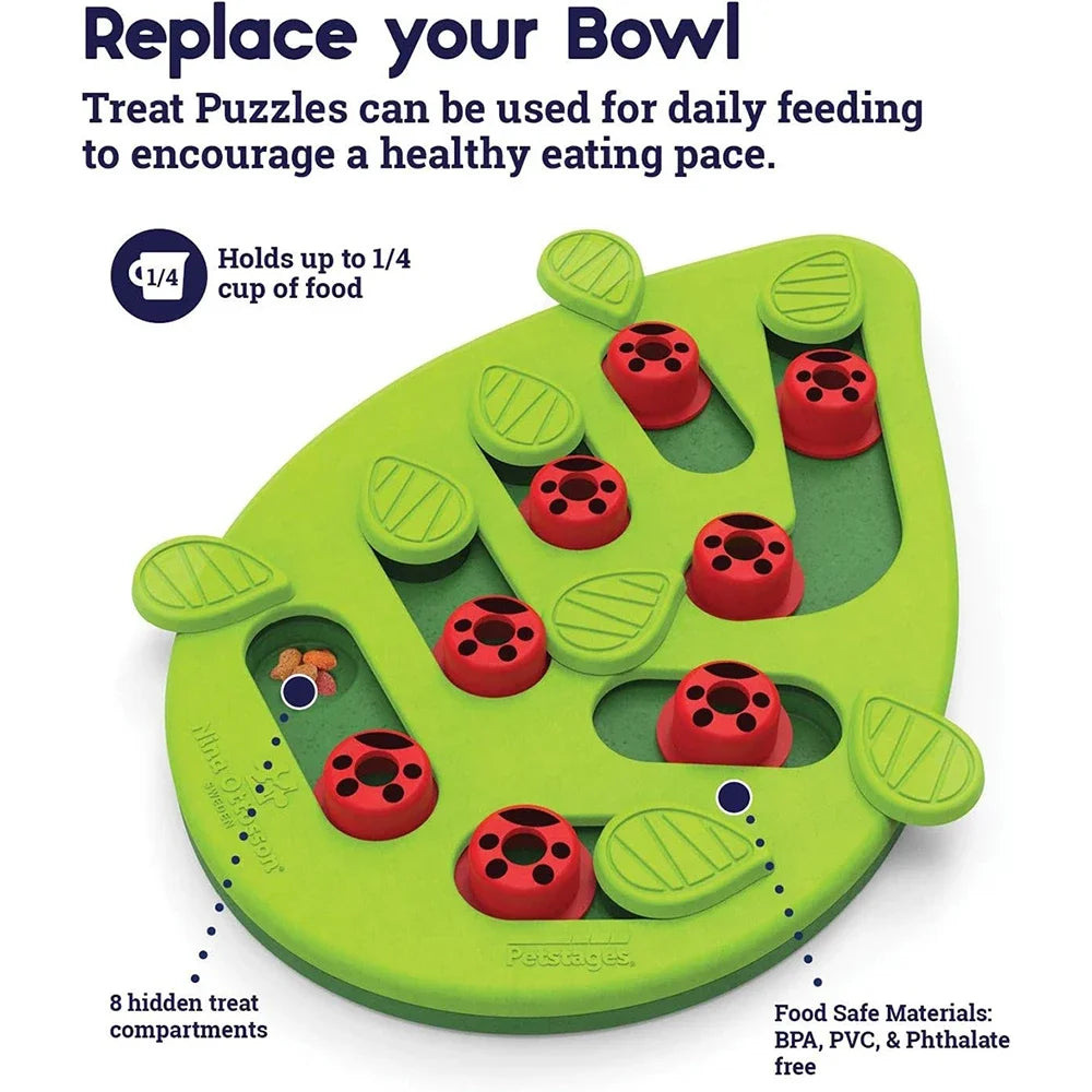 KittyNook Cat Co. Interactive Cat Treat Puzzle with red ladybug covers; a slow feeder and cat enrichment toy.