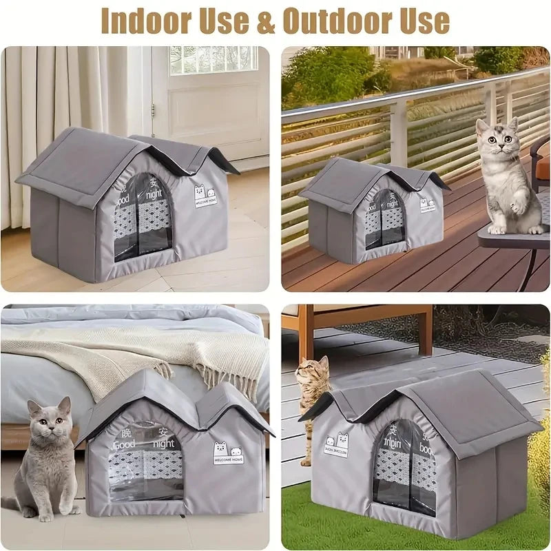 Four images show the KittyNook Cat Co. Portable Pet Cooling House for cats, ideal for indoor and outdoor use.