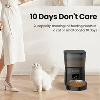 Thumbnail for A white cat sits by the KittyNook ROJECO Smart Pet Food Dispenser; a woman in white stands nearby.