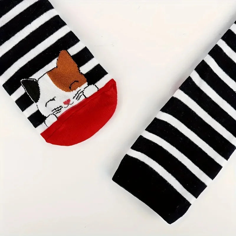 Cute Meow & Snuggle Women’s Sock Set by KittyNook Cat Co.—striped, cat-face women's socks on white background.